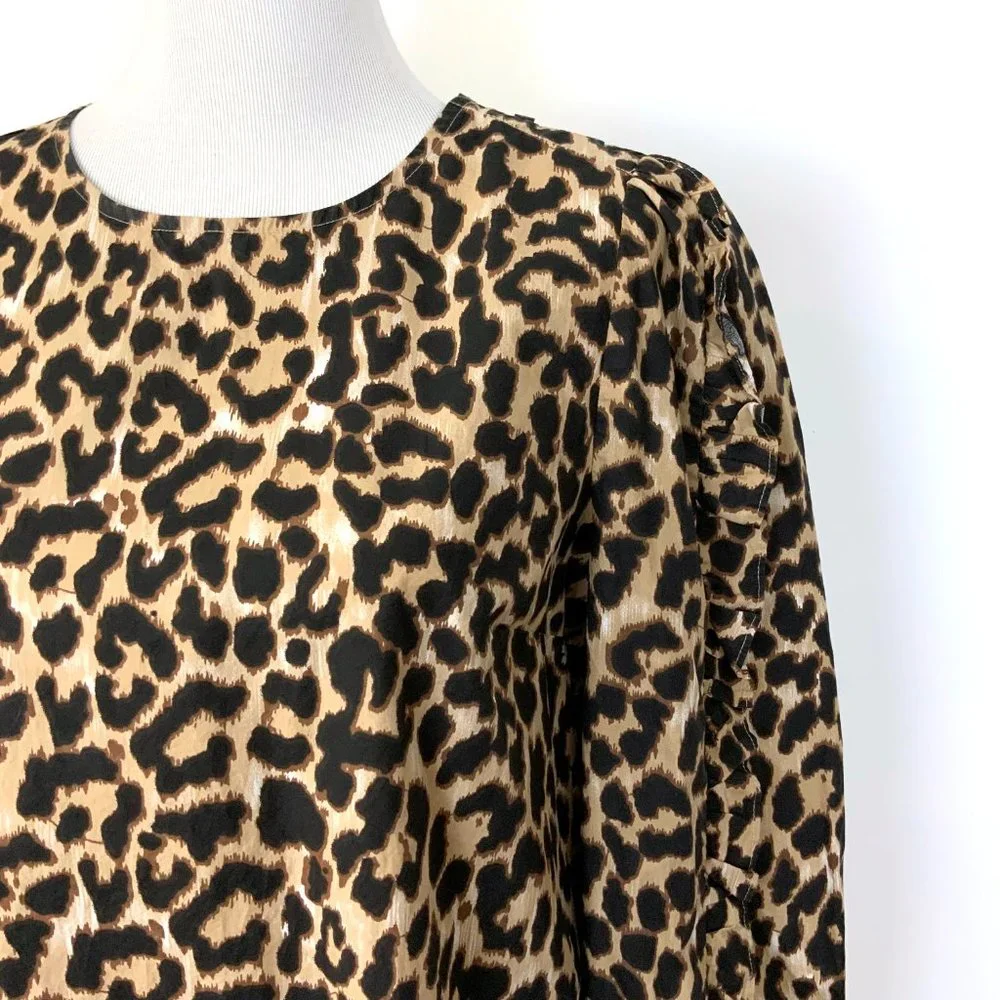 J. Crew Cotton Leopard Print Long Ruffle Trim Sleeves Blouse Sz S